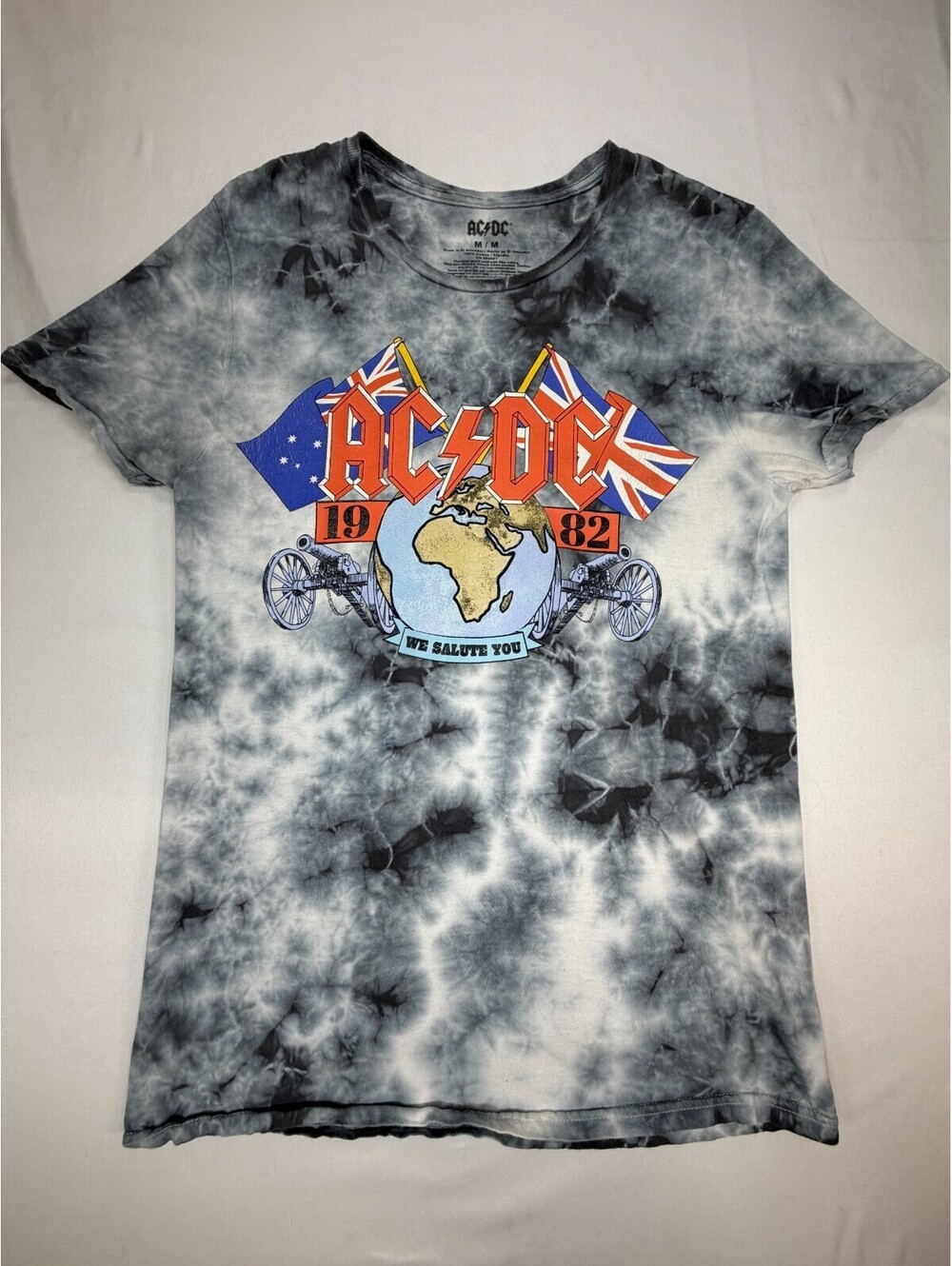 ACDC Men's T Shirt Short Sleeve Tie Dye Cotton Graphic Print Size M Gray White
